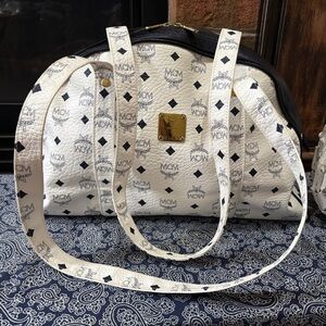 MCM Visetos Monogram Boston Bag / Satchel - White & Black